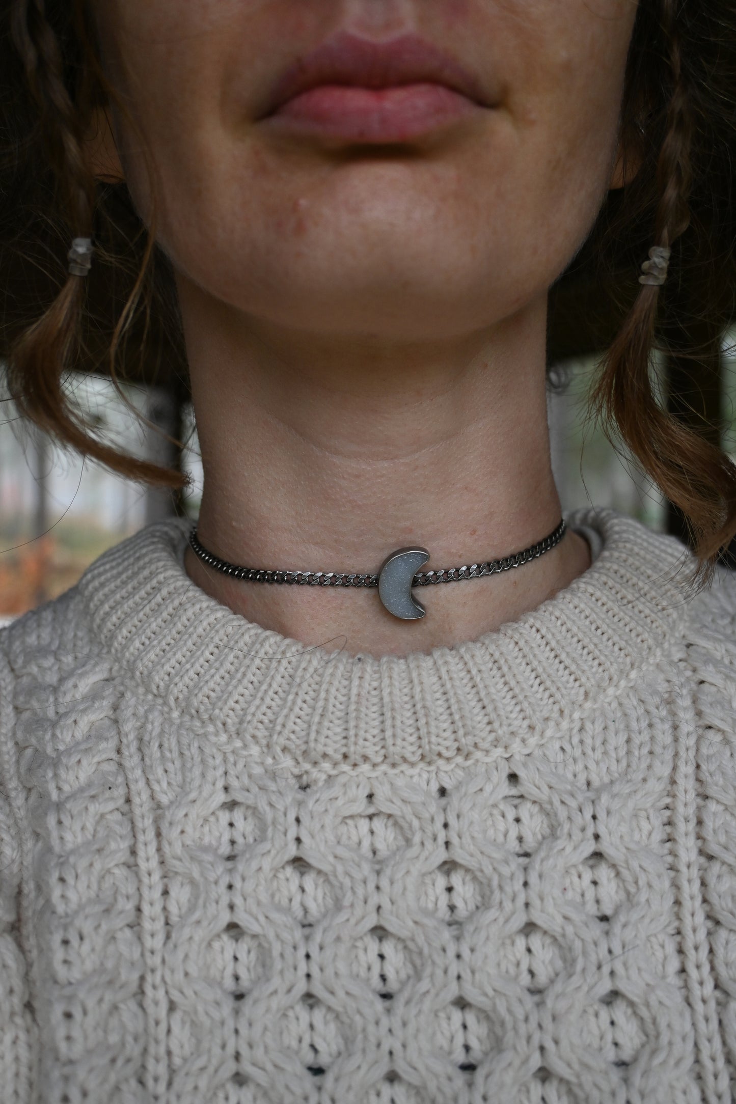 Starry Night Curb Choker-Druzy Agate Moon