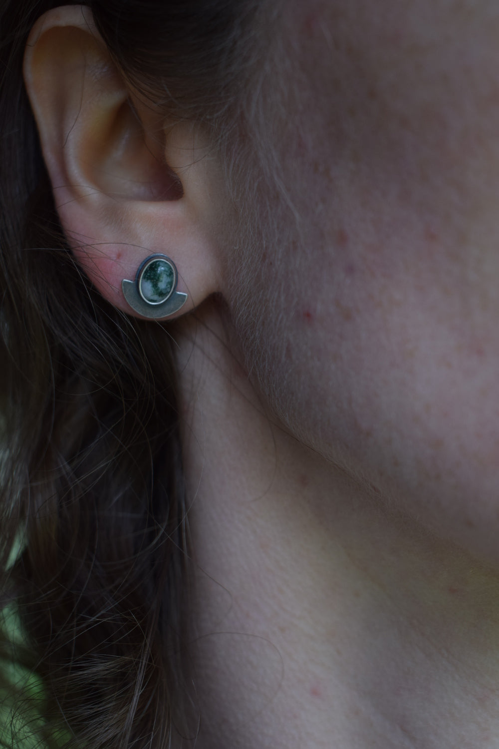 Moss Agate Half Circle Studs