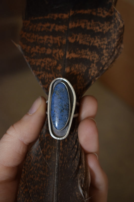 A large speckled oval blue stone is surrounded by an abstract silver wall. Shown here the ring sits on a feather.